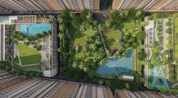 Kohinoor Kaleido - aerial view of the towers and landscaped podium gardens, Kharadi, Pune